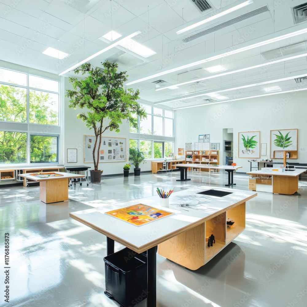 Poster innovative classroom design with inquiry-based approach modern learning space educational environmen