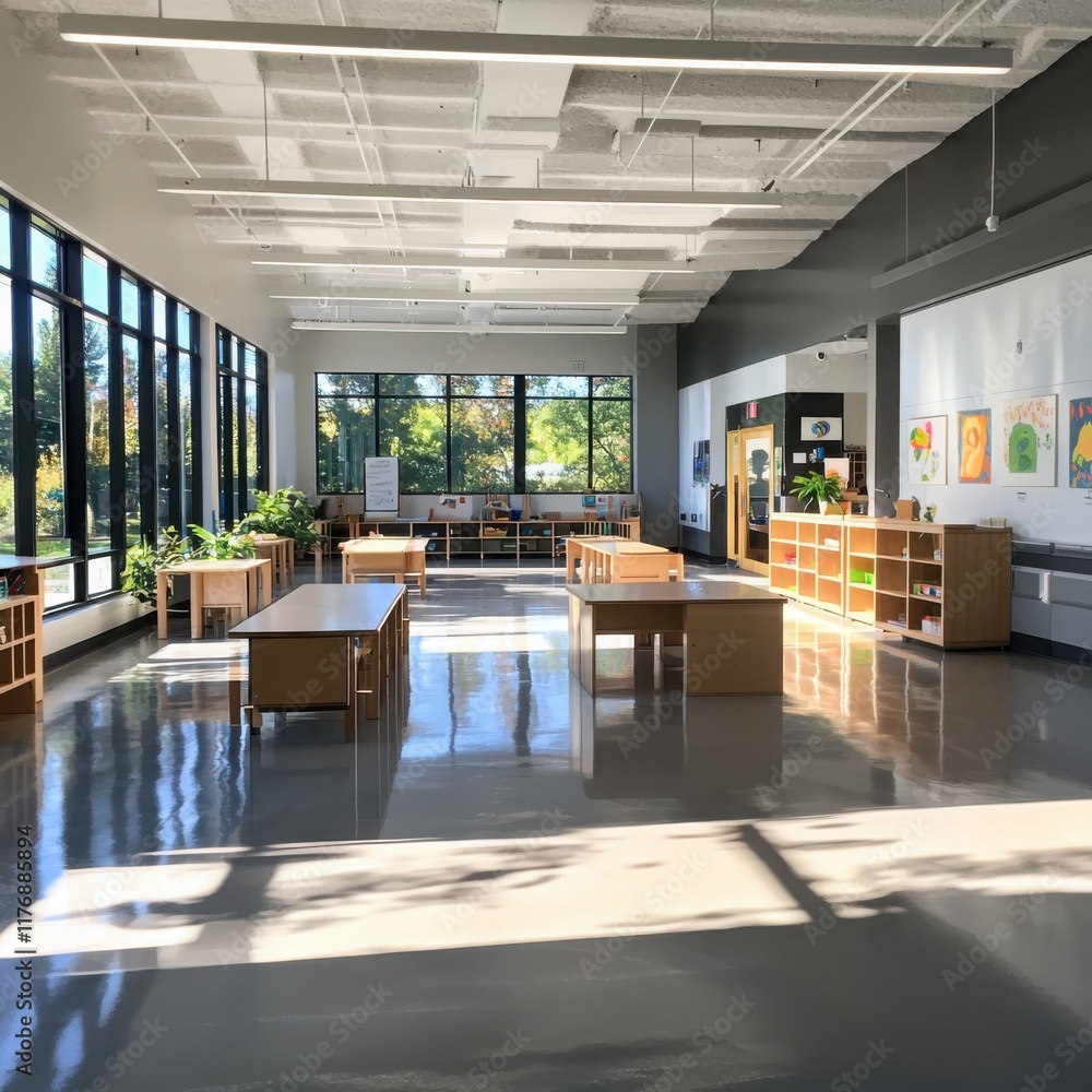 Poster innovative classroom design featuring inquiry-based approaches in an engaging learning environment