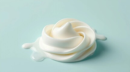 A light turquoise background serves as the canvas for a delicate, elegant scene, where pleasant smears of white cream in the shape of a flower take center stage