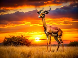Naklejka premium Elegant Gerenuk Antelope Silhouette at Sunset, Long Neck, African Wildlife Photography