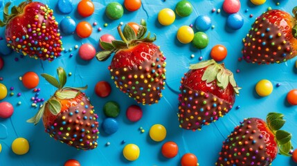 Fototapeta premium Chocolate-dipped strawberries covered in vibrant candy sprinkles displayed on a blue background for playful and creative dessert promotions. 