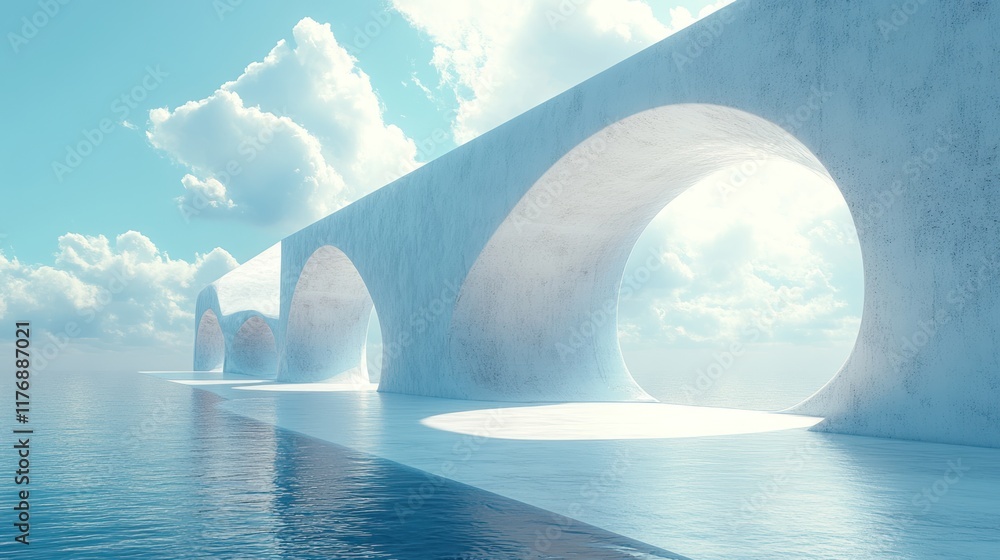 Poster abstract seascape architecture: minimalist concrete structure with circular openings overlooking a s