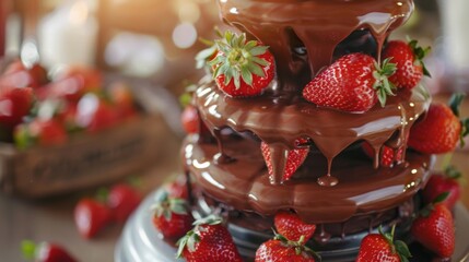 Strawberries and chocolate cascading in a fountain styled for luxurious dessert presentations perfect for events or upscale catering menus.
