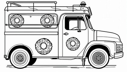 A quirky donut delivery truck perfect for coloring pages or playful branding. Ideal for children's books or food truck logos.