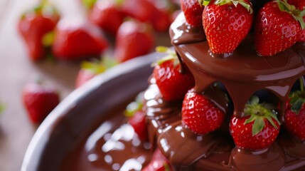 Fresh strawberries paired with melted chocolate on a fountain tier perfect for event catering dessert presentations or gourmet displays.
