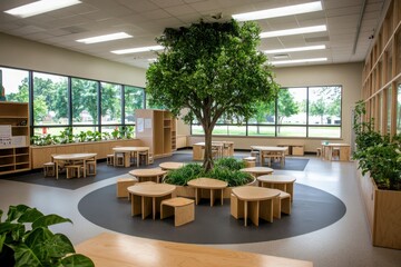 Innovative classroom design featuring natural elements modern learning space educational environment bright and open concept