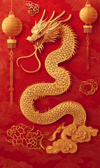 Obraz premium Enchanting 2025 Lunar New Year Celebration: Abstract Creative Snake Zodiac Design with Floral Motifs, Lanterns, and Red-Gold Elements. Artistic UI Background for Festive Marketing, Web Posters