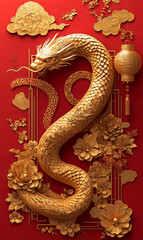 Fototapeta premium Enchanting 2025 Lunar New Year Celebration: Abstract Creative Snake Zodiac Design with Floral Motifs, Lanterns, and Red-Gold Elements. Artistic UI Background for Festive Marketing, Web Posters