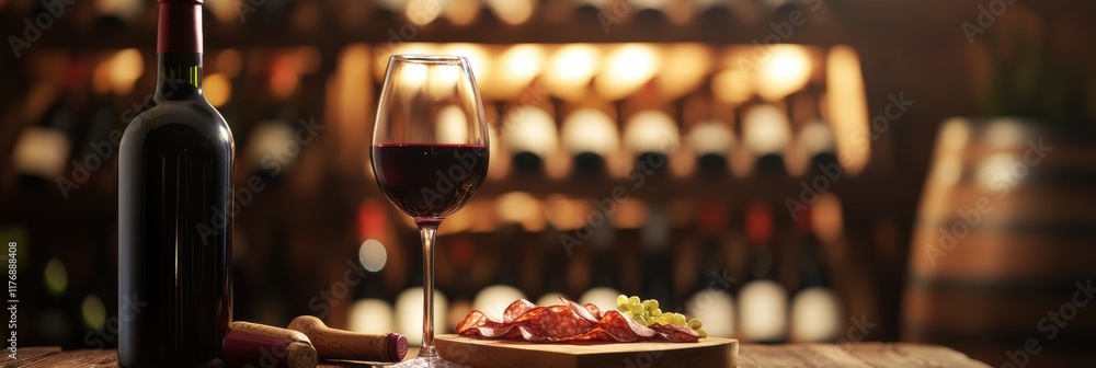 Poster elegant wine cellar showcasing vintage bottles with a tasting table featuring red wine and a charcut