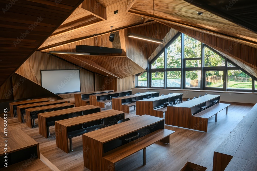 Poster innovative classroom design featuring geometric setup in modern educational space with natural light