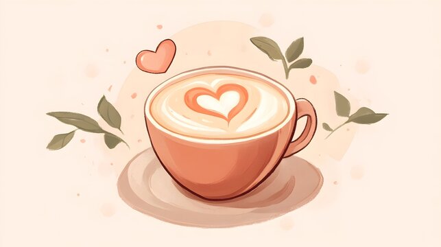 A frothy cappuccino cup with a latte art heart on top, illustrated in a soft, realistic style. 