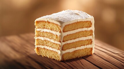 Fototapeta premium A slice of layered vanilla cake with frosting on a wooden table.