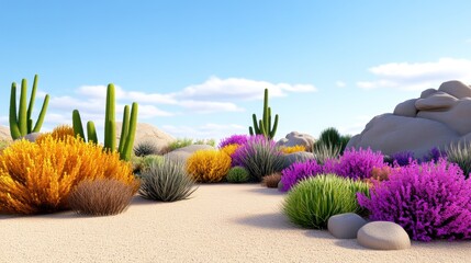 Fototapeta premium Colorful desert landscape with various cacti and vibrant plants.