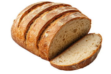 Freshly baked sourdough bread loaf with sliced portions showcasing texture and crust
