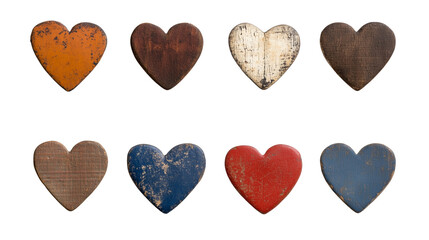 Fototapeta premium Set of wooden vintage hearts with faded distressed textures isolated on transparent background, Valentines day love romantic decoration