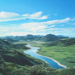 Serene river winding through lush green valley under a bright blue sky.