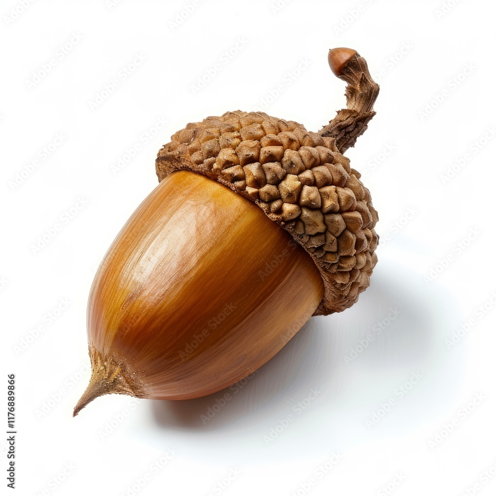 Poster close up of an acorn showing its textured cap and smooth, nut surface