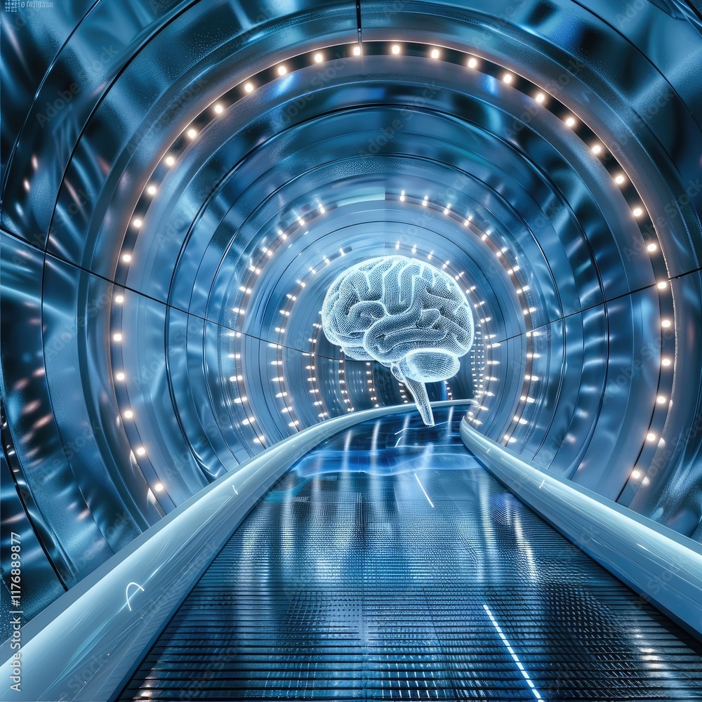 Poster Abstract image of AI brain in technology tunnel.
