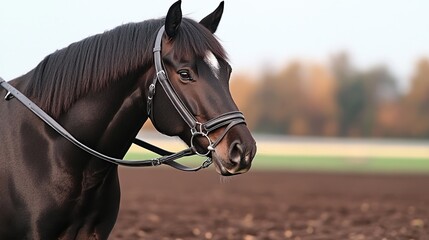 Obraz premium A close-up of a horse in a bridle against a blurred background.