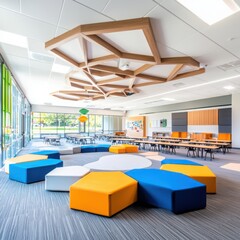 Obraz premium Innovative classroom design featuring socratic method modern educational facility interior design bright and open environment wide-angle view collaborative learning concept