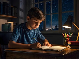 a boy is studying at his study table in his room at night