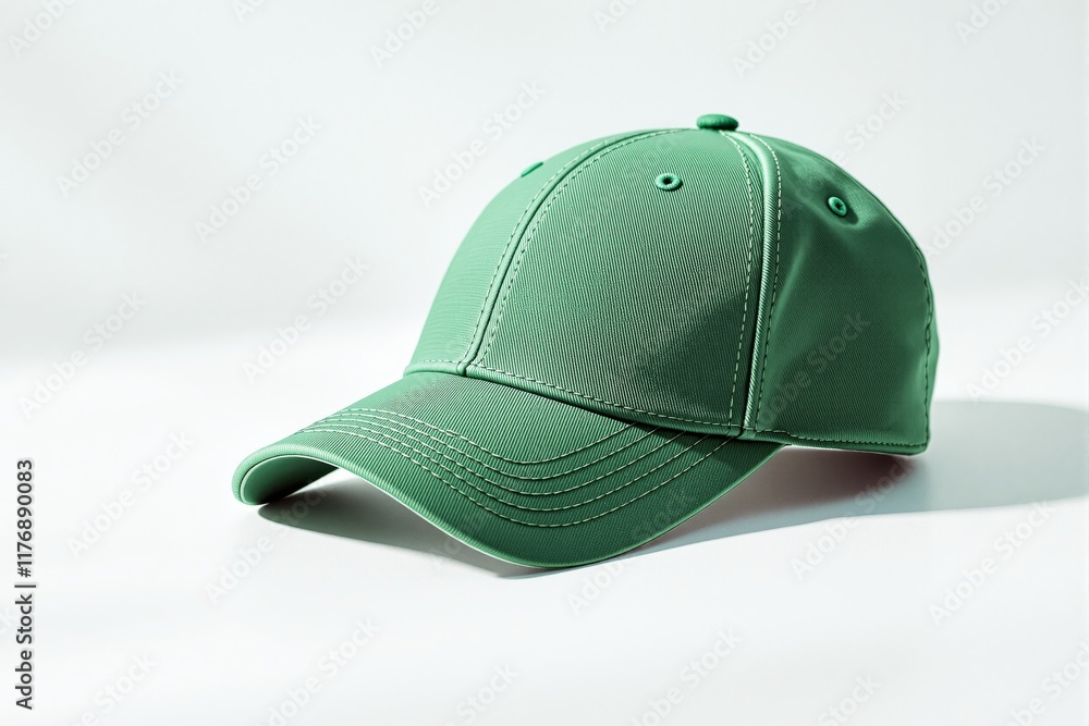 Poster green baseball cap displayed on a white background, emphasizing its texture and design. perfect for 