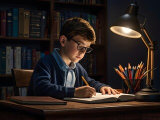 a boy is studying at his study table in his room at night