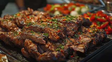 Grilled meat with fresh herbs and vegetables at an outdoor barbecue gathering