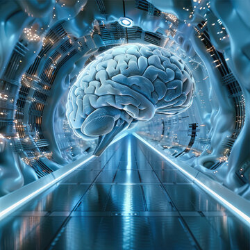 Abstract image of AI brain in technology tunnel.