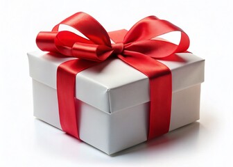 Fototapeta premium Elegant White Gift Box with Red Ribbon Bow - Isolated on White Background - Low Light Photography