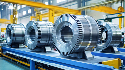 Fototapeta premium Three metallic rotors in a bright industrial engine workshop showcasing twin-piston technology