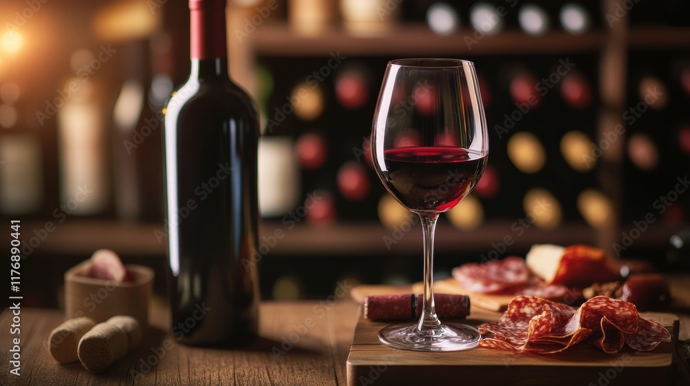 Poster elegant wine cellar showcasing vintage bottles with a tasting table featuring red wine and a charcut