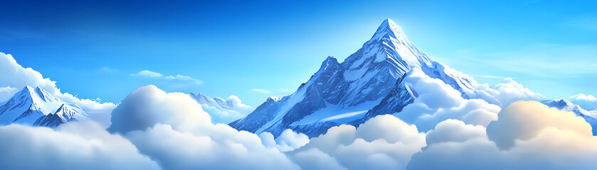 Fototapeta premium A breathtaking view of majestic mountains rising above fluffy clouds under a clear blue sky, capturing nature's beauty and tranquility.