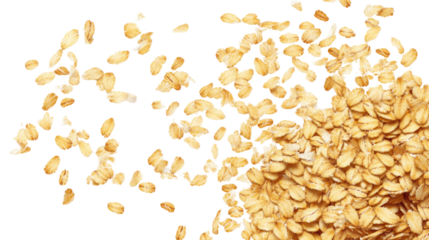 Oatmeal Explosion: A cascade of golden oat flakes, suspended in mid-air, evokes a sense of energy and wholesomeness. This image is perfect for showcasing the natural goodness of oats.  