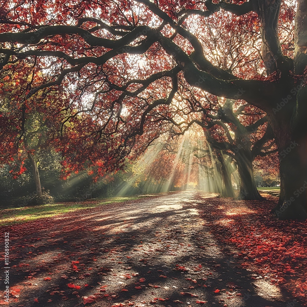 Poster a serene autumn scene with sunlight filtering through trees, casting shadows on a path.