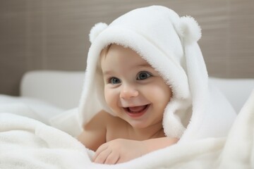 Adorable baby smiling and having fun wrapped in a white towel after bath time