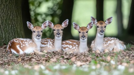 Four fawns resting forest floor, dappled sunlight