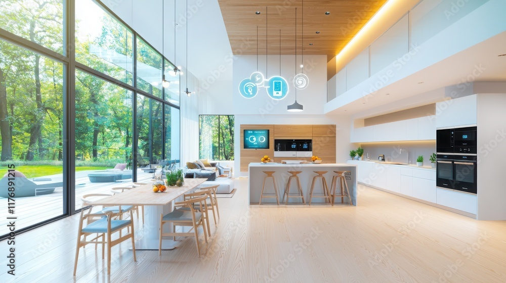 Poster smart home automation system featuring voice-controlled technology in a modern kitchen showcasing in