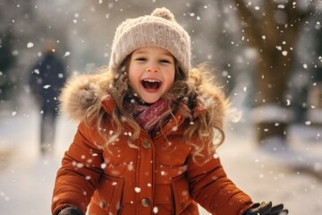 Young girl laughing and having fun while snowflakes fall around her in a winter park, enjoying the magic of the season