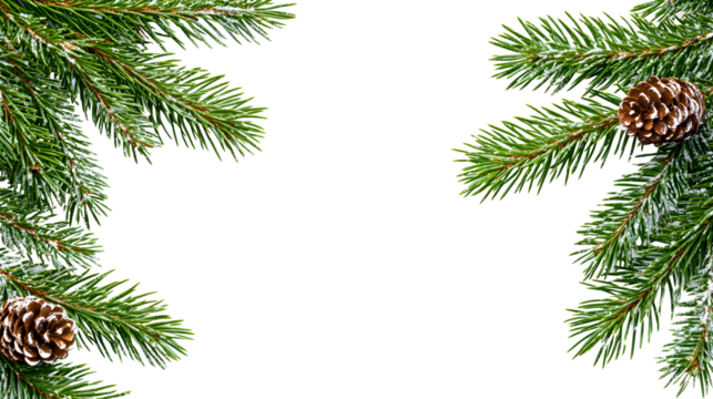 Christmas corner arrangement with green pine twigs isolated on white or transparent background