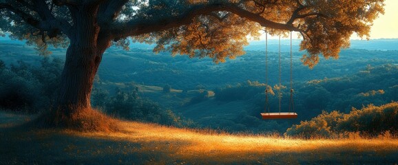 Naklejka premium Serene Sunset Swinging Beneath a Majestic Oak Tree overlooking Rolling Hills