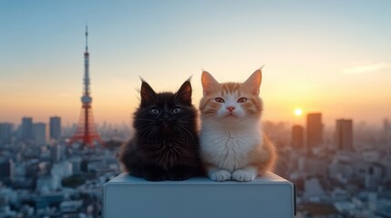 Two playful cats, one dark and one ginger, sit side by side on a rooftop ledge with a panoramic view of a city skyline and a distinctive tower at sunset.