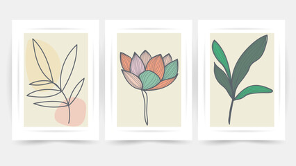 Flower line wall art vector set. Earth tone boho foliage flower line art drawing , Abstract Plant Art design for print, cover, wallpaper, Minimal and natural wall art.