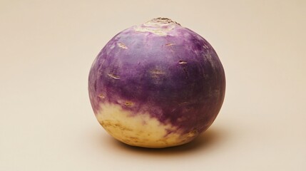 A single rutabaga placed on a light beige background with soft lighting that accentuates its purple and yellow tones