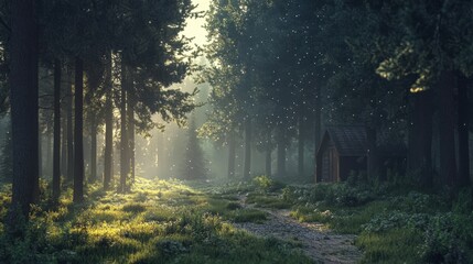 Obraz premium Misty Forest Path with Sunlight Streaming Through Trees