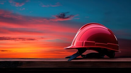 A vibrant red construction helmet rests on a wooden platform during a colorful sunset, symbolizing protection, hard work, and resilience in a stunning setting.