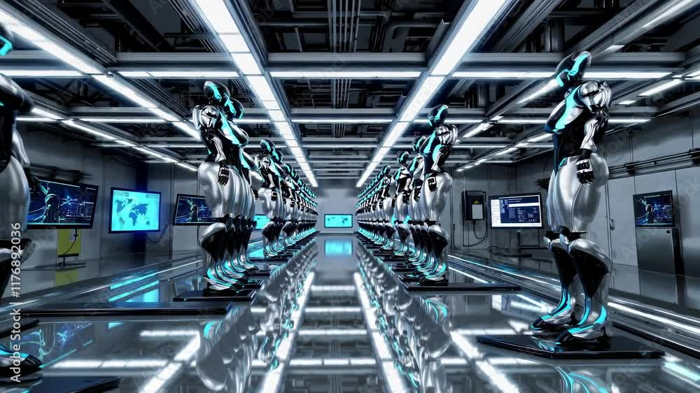 Poster futuristic robotics assembly line showcasing advanced humanoid robots in a high-tech environment