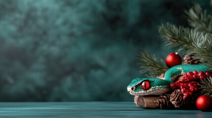A vividly colored snake lounges on a festive branch adorned with pine needles and red holiday ornaments, symbolizing nature’s beauty within the season’s decorations.