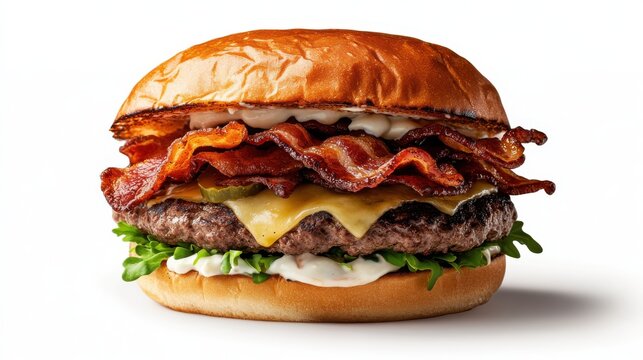 A mouth-watering burger loaded with crispy bacon, fresh lettuce, melted cheese, and flavorful sauce sandwiched between a glossy bun, perfect for any hunger pang.