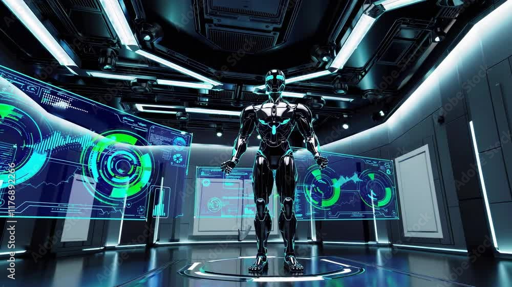 Poster robotic figure stands in high-tech control room surrounded by digital screens displaying data and an